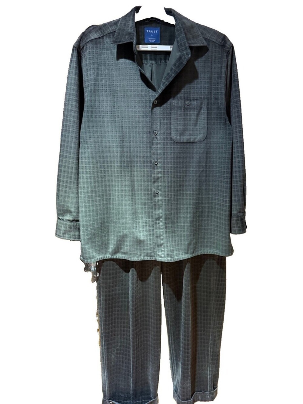 TRUST Men's L Velour Olive Button Down Long Sleeve Shirt & Pants Pajama Set 2pc